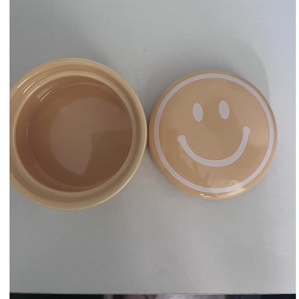 Smiley Face Ceramic Jewelry Trinket Box 2 PC Round Yellow Orange Fun Classic
